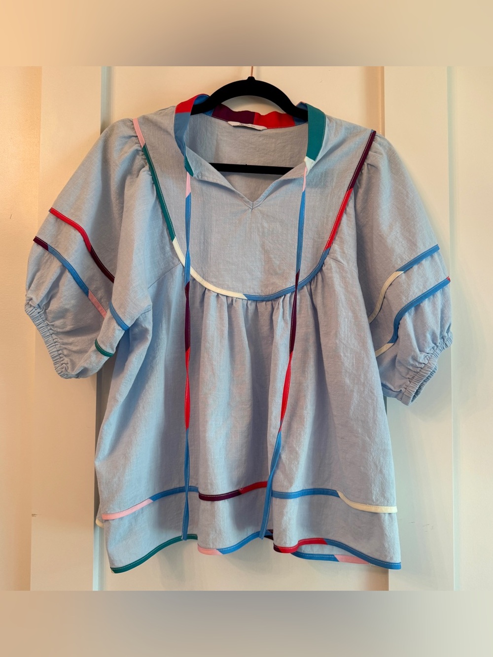 Light Blue Women's Top with Colorful Trim